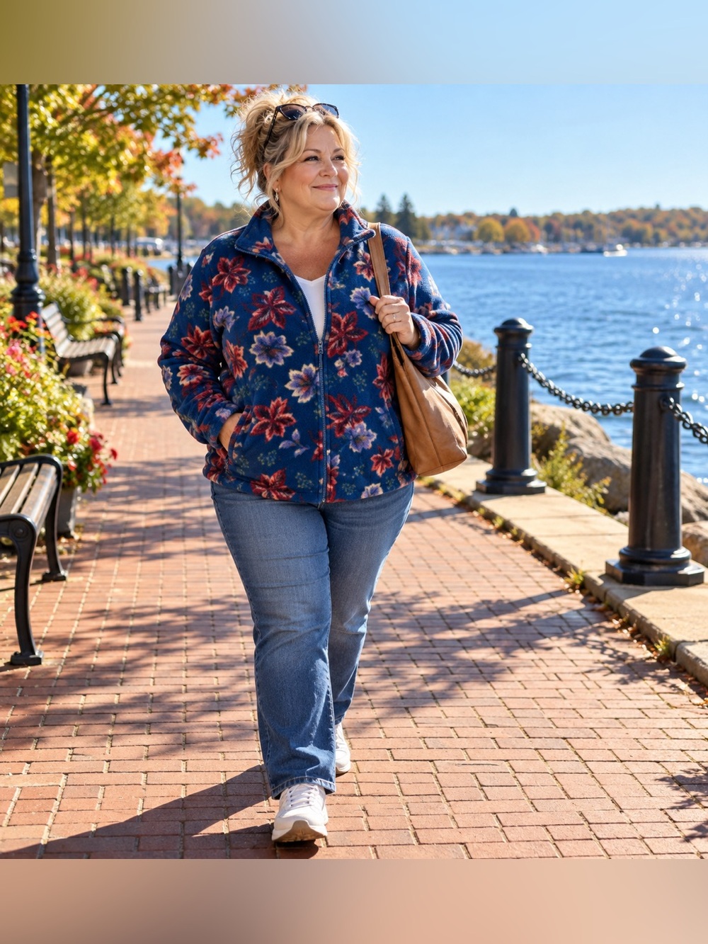 Northern Reflections Floral Fleece Jacket Full Zip Navy Blue L